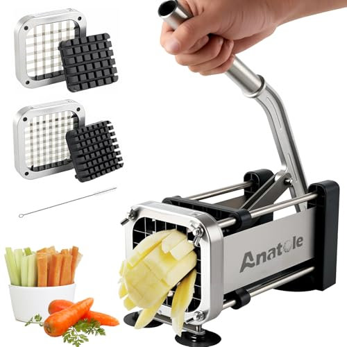 Anatole Coupe-Frites Professionnel avec 9mm 13mm Lames en Acier Inoxydable Coupe Pommes de Terre Frites Manuel avec Ventouses pour Oignon Carotte Concombre