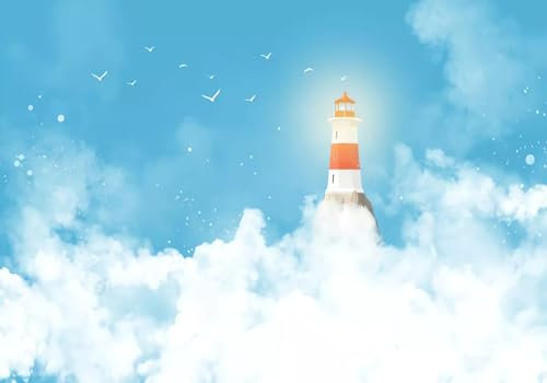Fototapete 3d Effekt Panoramatapete Vliestapete Leuchtturm blauer Himmel weiße Wolken Cartoon Kinder 200x140cm Seiden Tapete wandbilder Deko Wohnzimmer/Schlafzimmer
