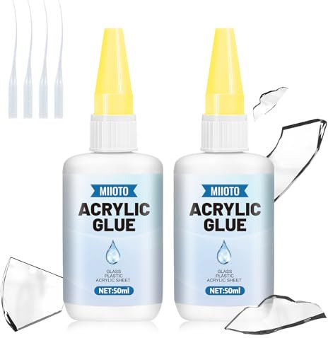 Miioto Pegamento para Cristal Acrílico, Pegamento Plastico Extrafuerte, Soldadura en Frio, Solidificación Inicial de 30s, Unión Transparente y sin Dejar Rastros, Impermeable y Duradero, 50g*2