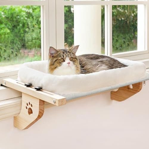 Shakub Katzen Hängematte Fenster – Katzenbett Fensterliege mit Stoff & Wendbarem Kissen – Hängematte Katze bis 20kg, Aufstellbar oder zum Aufhängen, Katzenliege Fenster für Sommer & Winter,55x39cm