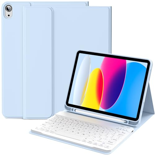 IAMKHO Keyboard Case for iPad (A16) 11th Generation 2025 11inch, iPad 10th Generation 2022 10.9 inch with Pencil Holder, Detachable Folio Stand Bluetooth Keyboard Cover, Light Blue