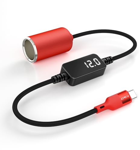 J&D Adattatore da USB-C a Presa Accendisigari 12V, Cavo Convertitore USB-C DC 12V 18W per Dash Cam, GPS, Registratore Guida con Display Voltaggio, Rosso, 0,3 m