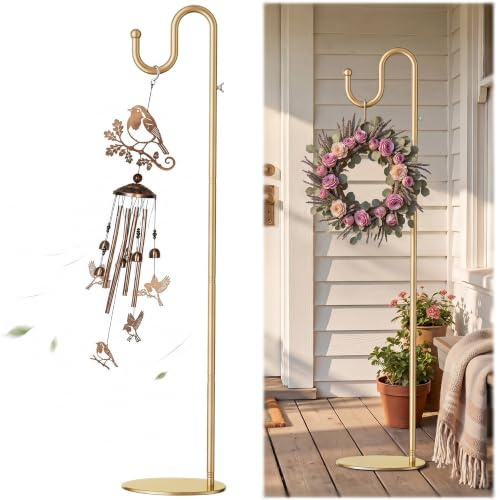 74 Gold Shepherds Hook Stand–Adjustable Free Standing Pole Holder for Hanging Bird Feeders, Plants, Lanterns, Wreaths, and Wind Chimes, Heavy Duty Base for Indoor & Outdoor Use, Holds Up to 20 LBS
