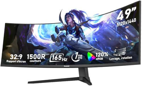 Gawfolk 49 Pouces Écran PC d'ordinateur de Jeu 1500R Ultra-Large incurvé, DQHD (5120×1440), 165Hz, 1MS, FreeSync, 120% sRGB, Moniteur réglable en Hauteur, HDMI2.1、DP1.4, VESA 75 * 75mm-Noir