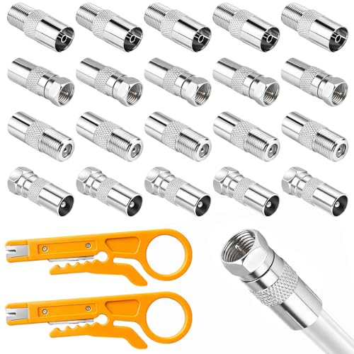 Amentalove 24 Stück Koaxialkabel Verbinder, Sat Kabel Verbinder, F Stecker Sat Kabel, Antennenstecker, TV Koaxial Stecker Kit mit Kabelabisolierwerkzeug für Satellitenkabel Antennenkabel Router Modem