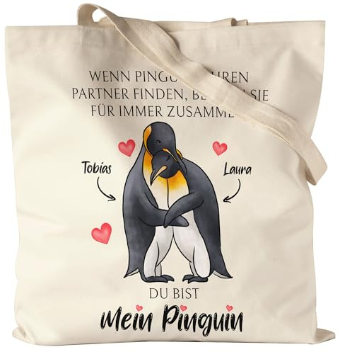 Kiddle-Design Valentinstag Tragetasche Personalisiertes Geschenk | Wenn Pinguine ihren Partner Finden | Für Jahrestag, Hochzeitstag oder Geburtstag, Jutebeutel