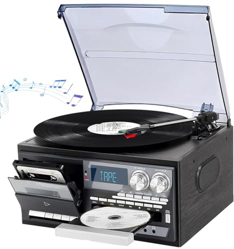 Schallplattenspieler mit Kassettenspieler, 3-Gang-Bluetooth-Vintage-Plattenspieler, eingebaute Lautsprecher, FM-Radio, USB, CD-Player, Boombox