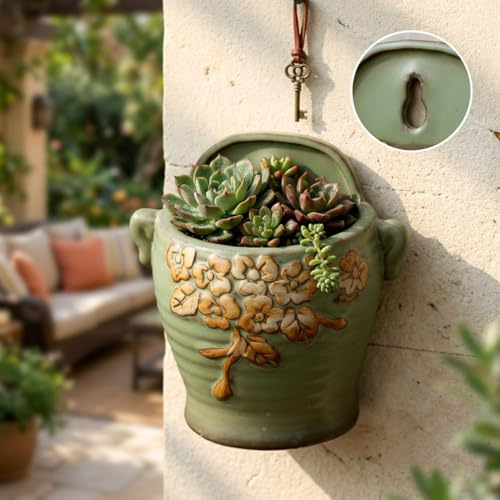 Latemeia Fioriera da parete vintage in ceramica, fioriera sospesa a parete verde con design retrò per piante da interno ed esterno, portavasi per piccole piante grasse