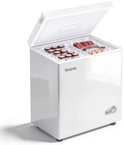 YASHE Gefriertruhe 150L, freistehende Tiefkühltruhe, Weiß | 2 herausnehmbare Körbe • Einstellbare Temperatur • 45 dB leise • Ideal für Küche, Wohnung und Garage