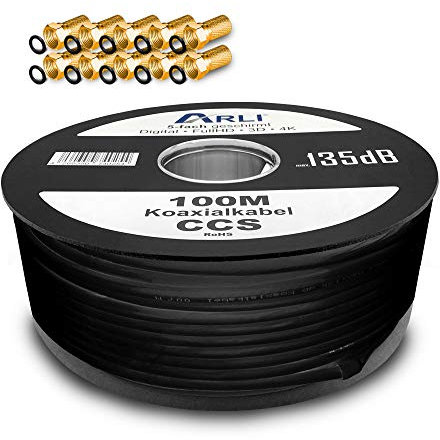ARLI 100m Koaxialkabel Schwarz – max. 135 dB 5-fach geschirmt UV-beständig + 10x F-Stecker vergoldet mit breiter Mutter & Dichtring für DVB-S DVB-T2 4K HDTV