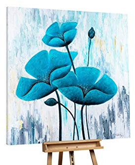 KunstLoft® XXL Gemälde 'Blühende Augenweide' 150x150cm | original handgemalte Bilder | Blumen Blüten Blau Grau | Leinwand-Bild Ölgemälde einteilig groß | Modernes Kunst Ölbild