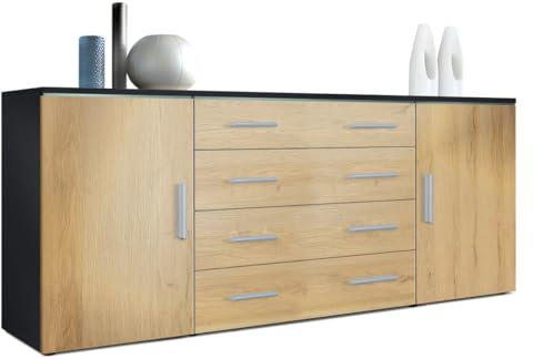 Vladon Sideboard Faro V2, Made in Germany, Kommode mit 2 Türen und 4 Schubladen, Schwarz matt/Eiche Natur (166 x 72 x 35 cm)