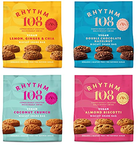 Rhythm 108 Organic Vegan Gluten & Dairy Free Tea Biscuits Share Bag Mixed Case of 4 x 135g