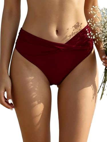 SHEKINI Maillot de Bain Femme Mid-Waisted Bas de Bikini Triangle Classique Bas de Maillot de Bain Devant Plissé Ruched Moderate Coverage Maillot de Bain（S，Vin Rouge）
