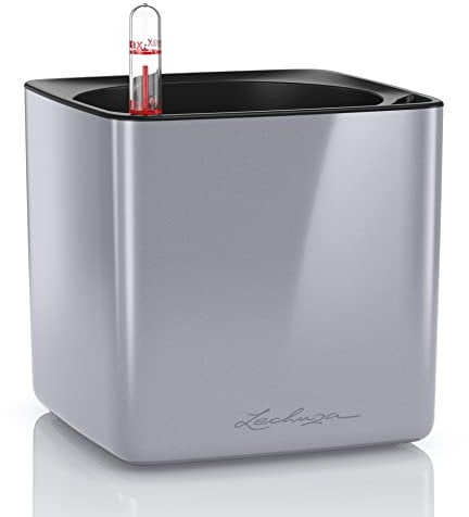LECHUZA Cube Glossy 14 hochwertiger Pflanzwürfel mit Stick -Bewässerungssystem, Titanium dust highgloss