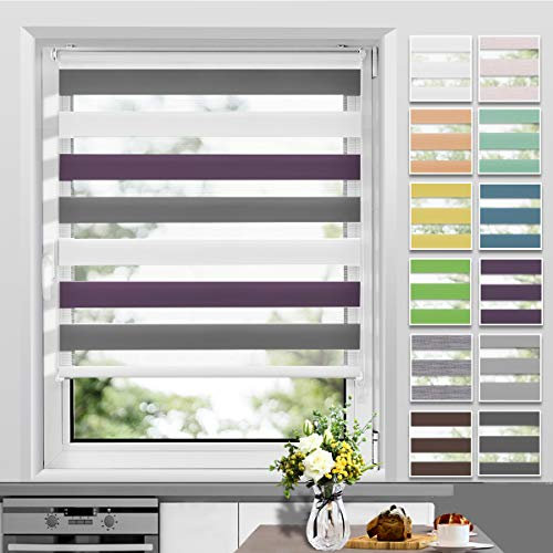 Allesin Doppelrollo Klemmfix ohne Bohren & mit Bohren, Duo Rollos für Fenster und Tür, Klemmrollo Fensterrollo lichtdurchlässig, Sichtschutz und Sonnenschutz, 90x120cm (BxH), Weiss-Lila-Anthrazit