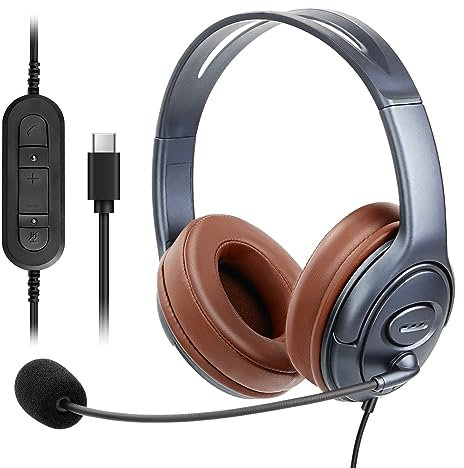 EMAIKER Gold USB Type C Headphone,Over Ear Office USB-C Headset with Noise Cancelling Microphone with Volume Control, Works for Teams, Zoom, Google Meet, Skype Softphones & Dictation