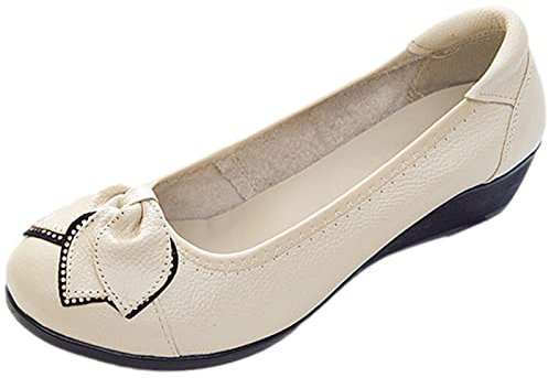 Jamron Women Genuine Leather Comfort Shoes Soft Sole Ballerinas Low Wedge Heel Slippers Beige SN070358 UK7