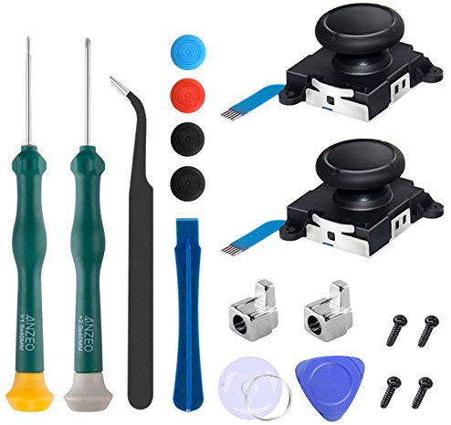 Joysticks Analogiques 3D, Arozxin Joystick de Remplacement pour Manette Joy-Con Nintendo Switch, 2 Capuchons Stick Remplacement avec Tournevis et Tri-Wing à épiler, 18 Pièces Outils de Réparation Kit