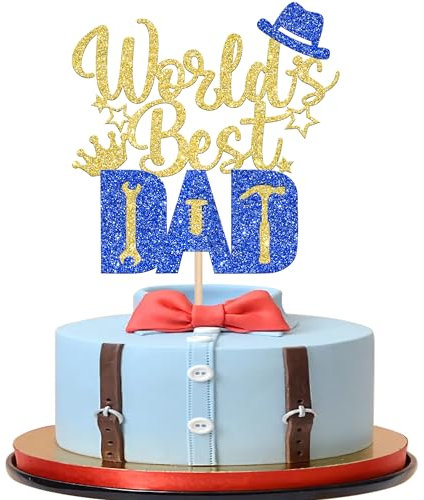 SYKYCTCY 1 Pack Happy Father's Day Cake Topper Glitter World's Best Dad Cake Pick Hat Tool Love Dad Cake Decoration for Happy Father's day Theme Men Birthday Party Supplies Gold