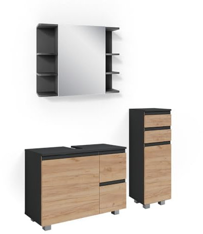 Vicco Badmöbel-Set J-Shape, Badezimmerschrank-Set, Anthrazit/Goldkraft Eiche, 3 Teile