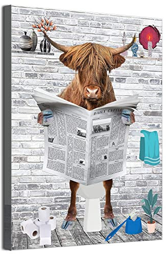 Art mural amusant pour salle de bain, animaux drôles, lecture journaux dans les toilettes, sans cadre (bovins des hautes terres, 60 x 80 cm)