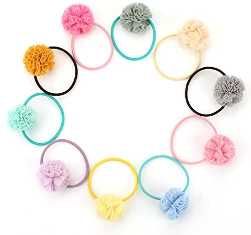20 Stück Haargummi mit Haaren Mädchen Baby Blume Pom Pom Stirnbänder Niedliche Pom Pom Flauschige Pferdeschwanz Halter Haarspangen für Frauen Haarschleifen Mädchen Kinder Kleinkind Haarschmuck