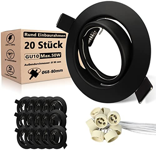 Allesgute 20er LED Einbaustrahler GU10 Set Schwenkbar 230V Einbauleuchten Einbaurahmen Rund Matt Schwarz LED Spot 68mm Lochdurchmesser inkl. GU10 Fassung für Lampe oder Halogen
