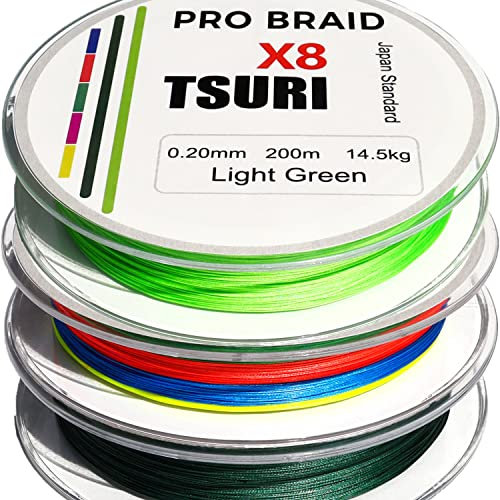 Treccia da pesca a 8 fili, 20/100, 10/100, 200 m, multicolore, verde carnoso mare, luccio trota (multicolore, 200 m, 20/100-14,5 kg)