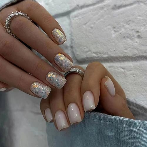 JUSTOTRY 24 Stück Glitzer Nägel Zum Aufkleben Kurz Motiv,Milchig Eckig Press on Nails,Glossy French Künstliche Nägel,Glitter Square Fingernägel Fake Nails für Frauen