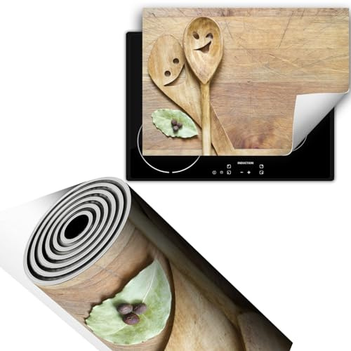 TMK ArtDeko Herdabdeckplatte Einteilig 70x52 cm Küche Herdabdeckung Ceranfeld Abdeckplatte Kochfeld Abdeckung Induktionskochfeld Aufrollbare, Holz Löffel
