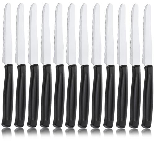 Pleafind coltelli da tavola, 12 pezzi coltello da colazione, coltello da tavola seghettato, coltello in acciaio inox, coltelli bistecca, coltelli, manico ergonomico, lavabile in lavastoviglie