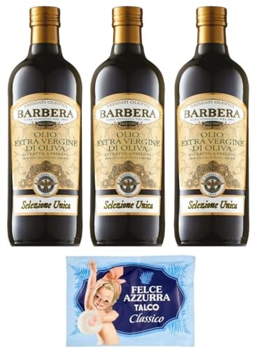 3er-Pack Barbera Selezione Unica Natives Olivenöl Extra,Olio Extra Vergine di Oliva,1Lt Glasflaschen + 1er-Pack Kostenlos Felce Azzurra Talkumpuder, 100g-Beutel