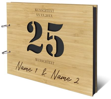 Personalisiertes Silberhochzeit Fotoalbum aus echtem Holz selbst gestalten - 25 Jahre Stanze - mit 25 Blatt / 50 Seiten Fotokarton Schwarz