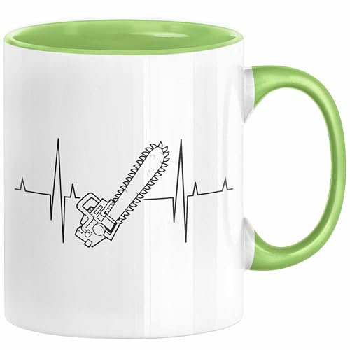 Kettensäge Herzschlag Tasse Waldarbeiter Geschenk Lustige Geschenkidee Forstarbeiter (Grün)