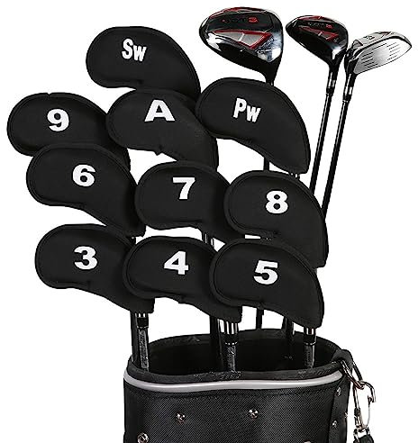 10 Stück Schlägerkopfhüllen für Eisen Schlägerhauben Golf Langer Hals Schützen Golfschläger mit Anzahl Print (Schwarz)