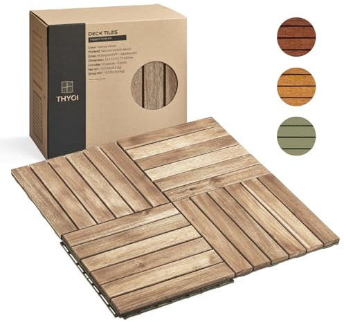 THYOI 10 piastrelle ad incastro, impermeabili, in legno di acacia, pavimenti per patio, balconi e uso esterno (bianco, 10 pezzi - 3 piedi quadrati)