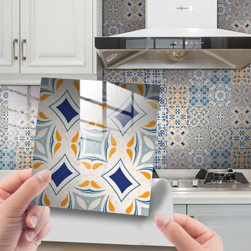 Fliesenaufkleber Retro Farbgeometrie Multicolour Mandalas Mix Klebefliesen Bad Wandfliesen,Pvc Fliesensticker Fliesen Marokko Selbstklebende Tapete Wasserdicht Wandaufkleber, 10 Stück, 10×10Cm