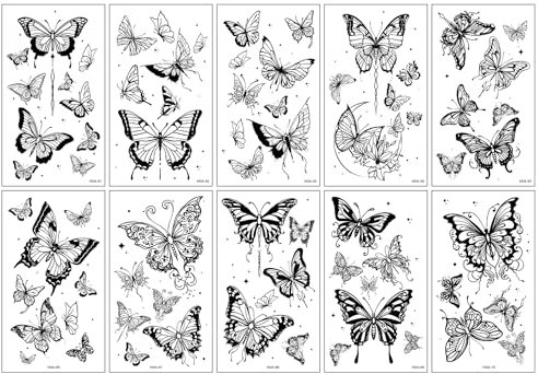 Irikdescia 10 Stück Temporäre Fake Tattoos 3D, Schmetterling Tattoo Aufkleber, Selbstklebende Tattoos Zum Aufkleben, Realistisch Temporäre Klebe Tattoos für Damen