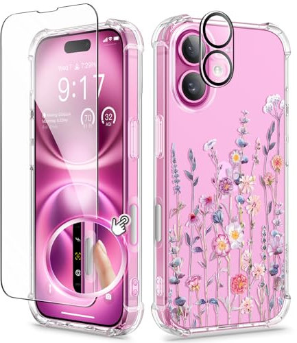 GVIEWIN Compatible with iPhone 16 Plus Case 6.7 2024 with Screen Protector&Camera Lens Protector, Clear Floral Anti-scratch Shockproof Drop Protection Cover for Women Girl,Floratopia/Colorful