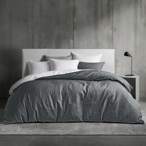 Dreamzie Bettwäsche 200x200 Baumwolle, Bettwäsche-Sets Dunkelgrau mit Reißverschluss, Ähnliche Textur wie Stone Washed Leinen, Enthält 1 Bettbezug 200x200 und 2 Kissenbezug 80x80