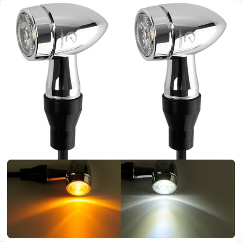 evermotor CNC Chrom Mini Motorrad LED Blinker, 12V 2 Stück E32, Bullet Aluminiumschale mit schöner Oberflächenbehandlung, IP67 Wasserdicht, E geprüft, Amber & Weiß