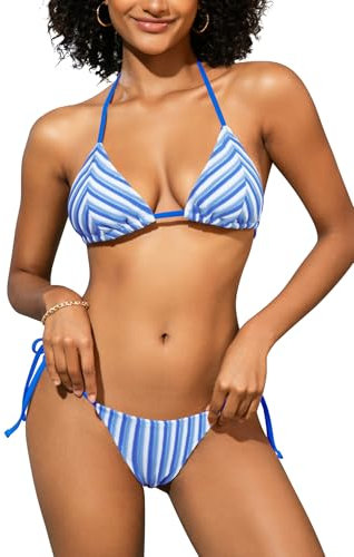 SHEKINI Tessuto Spugna Halter Bikini Donna Sexy Triangolo Costume da Bagno Donna 2 Pezzi Vita Bassa Bikini Set(S, Striscia Blu)