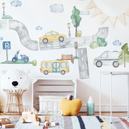 Unik Nordic Wandtattoo Kinderzimmer Fahrzeuge Aquarell – 50 x 43 cm C/M - Kinderzimmer Deko: Bus, Jeep, Auto & Straßenelemente – Wiederverwendbare & Abziehbare Sticker für Jungen & Mädchen