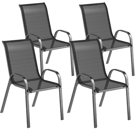 Outsunny Set med 4 trädgårdsstolar, stapelbara stolar, högt lutande ryggstöd, andningsbart nättyg, stålram, svart