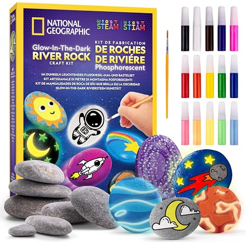 Blue Marble NATIONAL GEOGRAPHIC Kit de Peinture sur Pierre Fluorescente - Kit de Bricolage pour Enfants, Décore 15 Galets avec 15 Couleurs de Peinture & Plus, Kit d’Activités Artistiques et Créatives