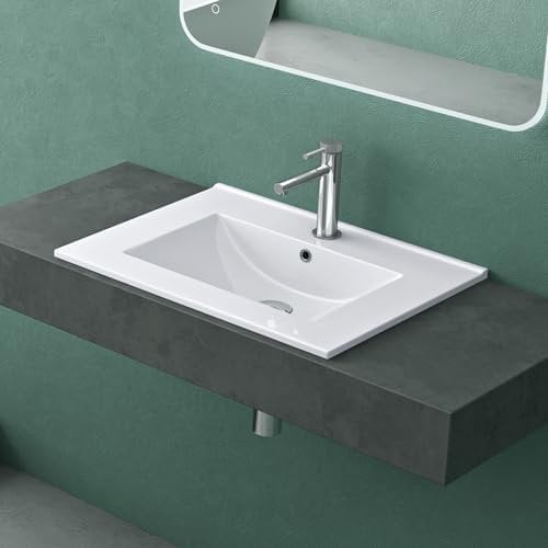 Mai & Mai Lavabo Encastré en Céramique 60cm Blanc Lave Mains Rectangulaire avec Perçage de Robinet et Trop-Plein 61x47x18cm BR912