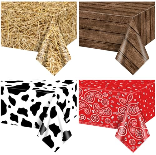 Hegbolke 4 Pack Western Party Tablecloths, 51x86 Straw Tablecover, Wood Grain Tablecloth, Cow Tablecloth, Paisley Bandana Table Cover for Western Themed Party Kids Birthday Party Decorations