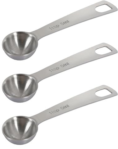 3 cucchiai dosatori da 5 ml in acciaio inox, 1 cucchiaino per alimenti per animali domestici, cereali, proteine, spezie, prodotti secchi, facili da pulire, utensili da cucina durevoli (argento)