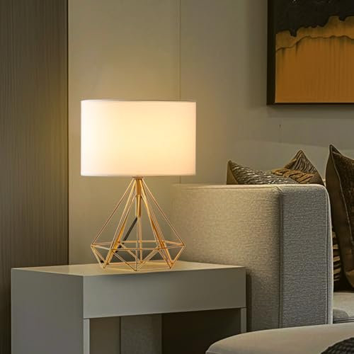 FALANZATH Tischlampe, Kabelgebundene Dekorative Vintage Tischlampe, Nachttischlampe mit Metallsockel und Stoffschirm, E27 GlüHbirne Dekorative Lampe für Wohnzimmer, Schlafzimmer (Gold)